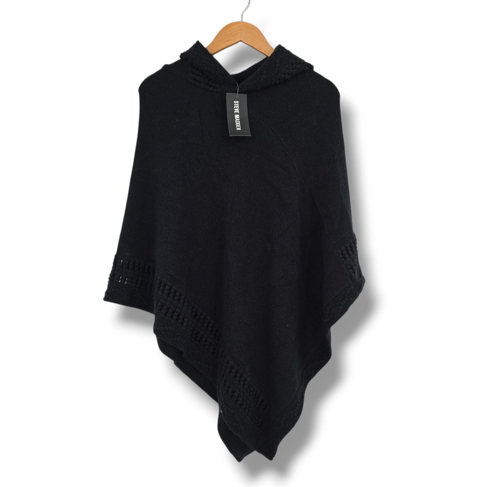 New Steve Madden Navy Blue Hooded Knit Poncho Asymmetrical Crochet Trim One Size